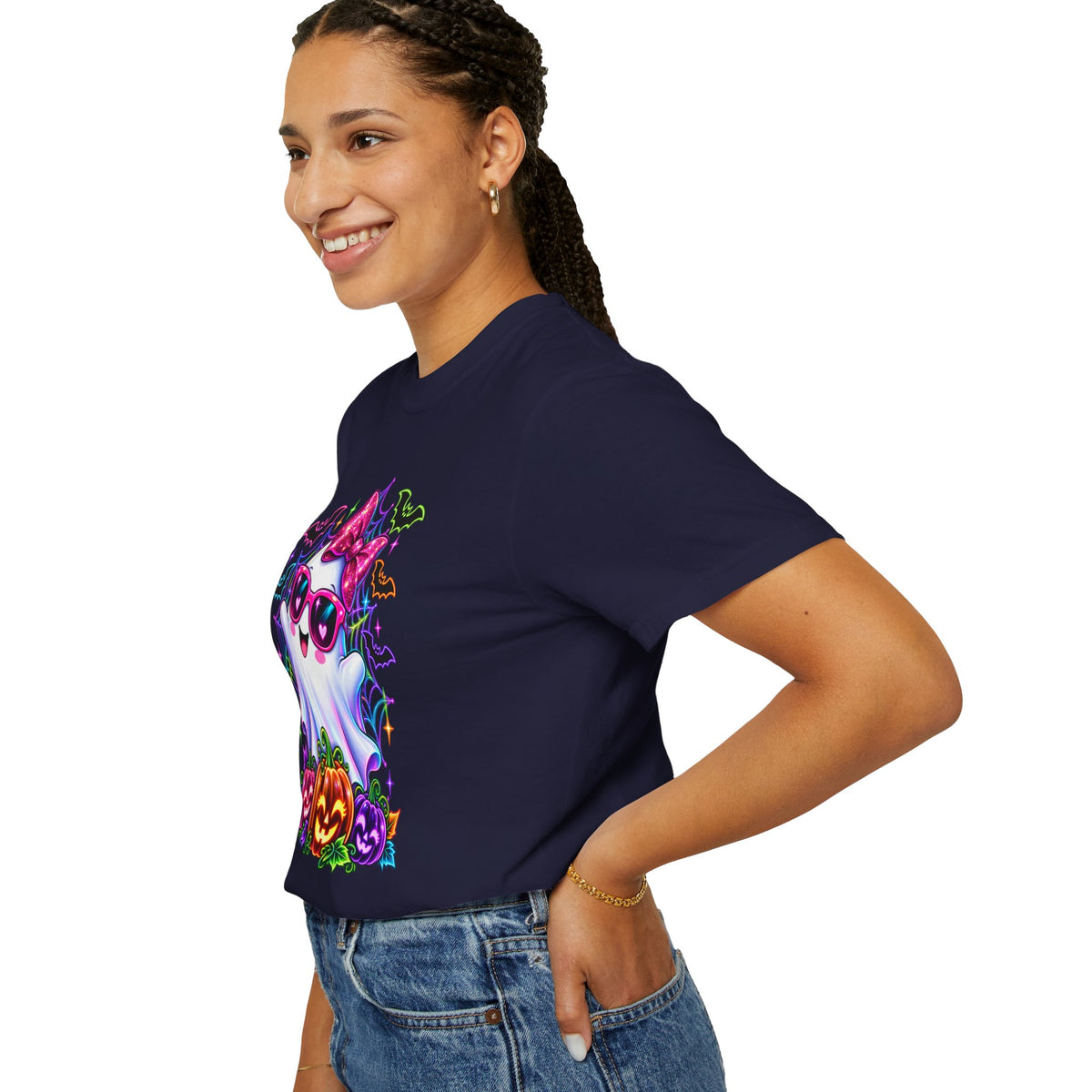 Cute Halloween Ghost T-Shirt — Pink Bow Ghost with Sunglasses & Pumpkins