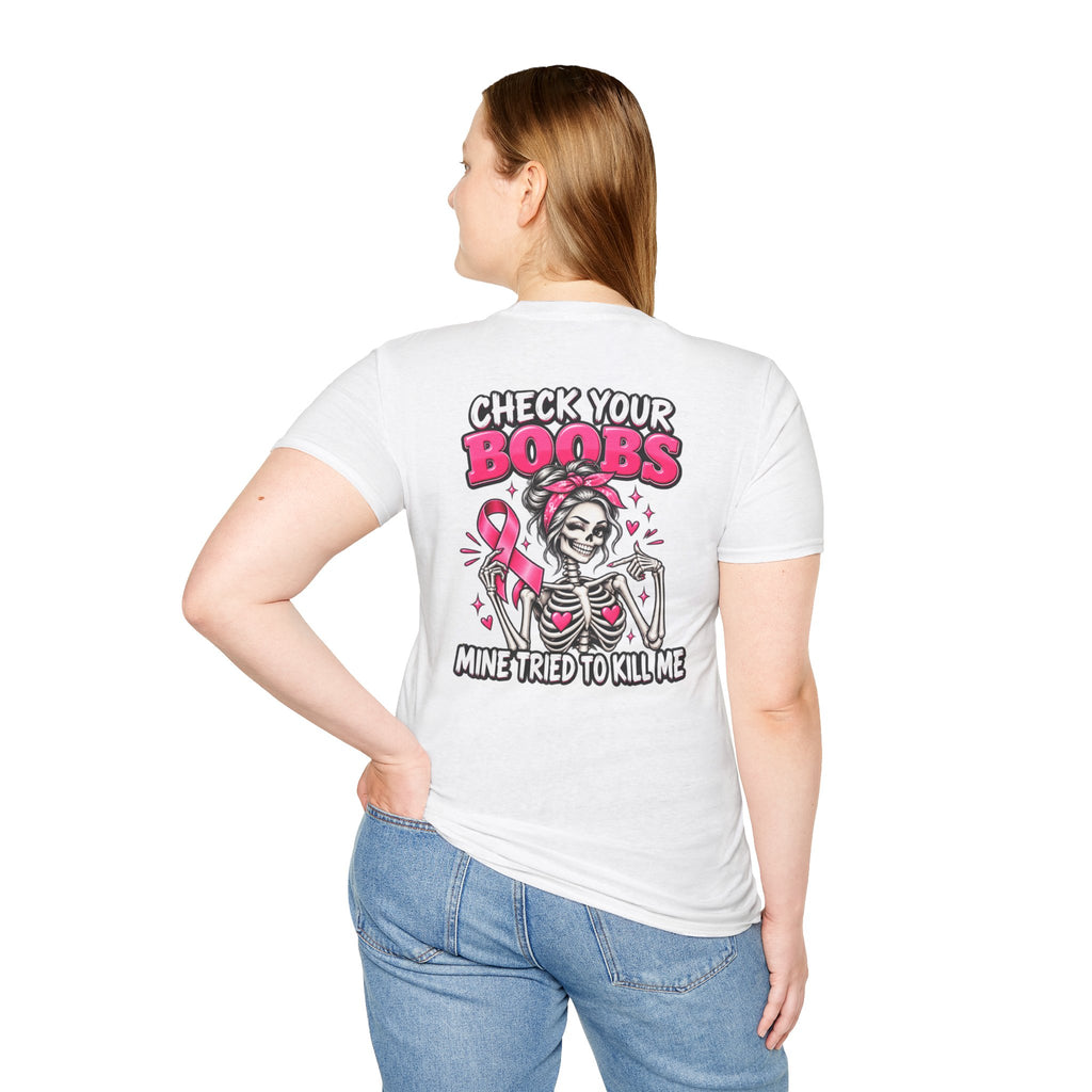 Breast Cancer Awareness T-Shirt — “Check Your Boobs, Mine Tried to Kill Me” Graphic Tee