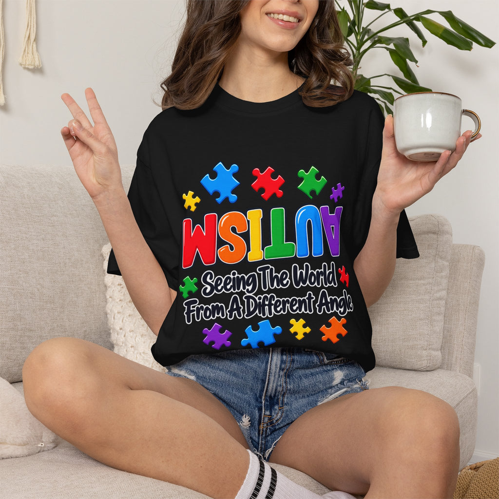 Autism Awareness T-Shirt — "Seeing the World From a Different Angle" Puzzle Design