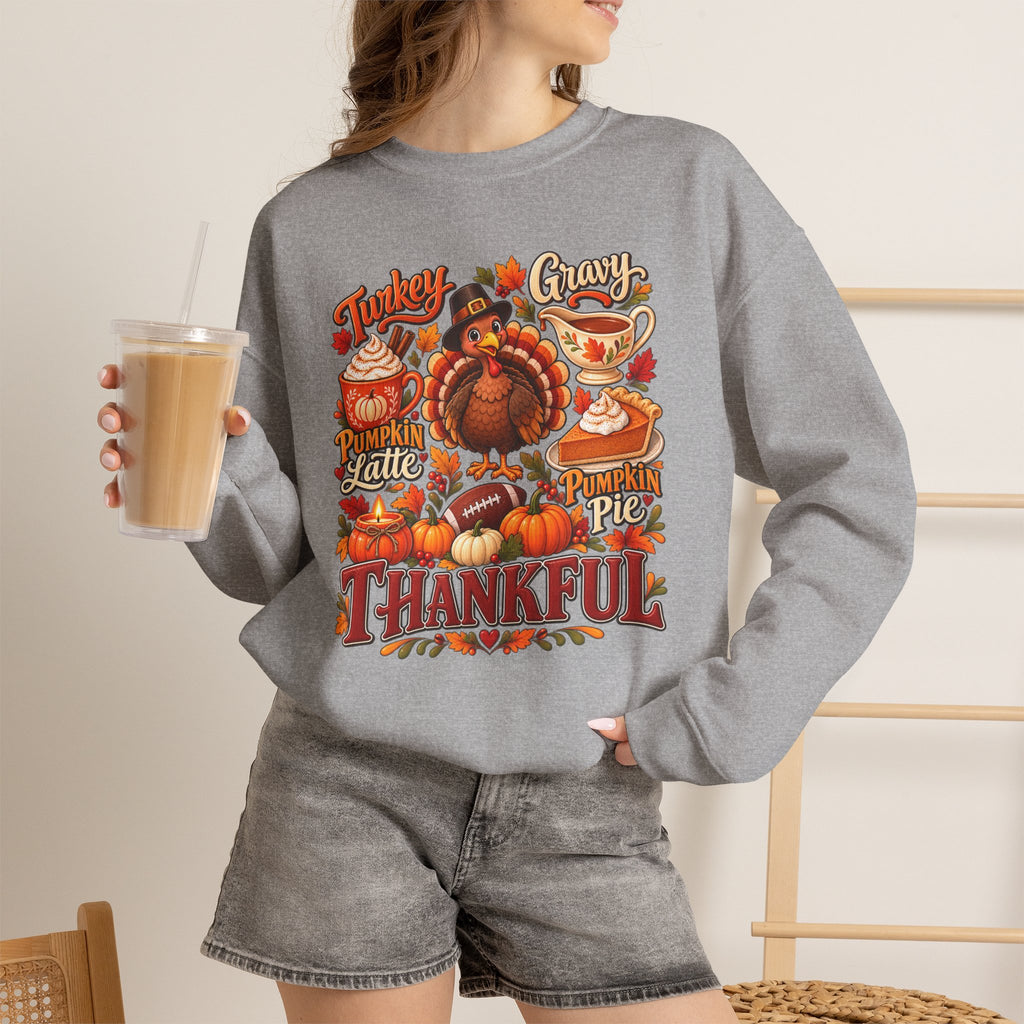 Thankful Thanksgiving Sweatshirt — Cute Turkey & Fall Harvest Crewneck