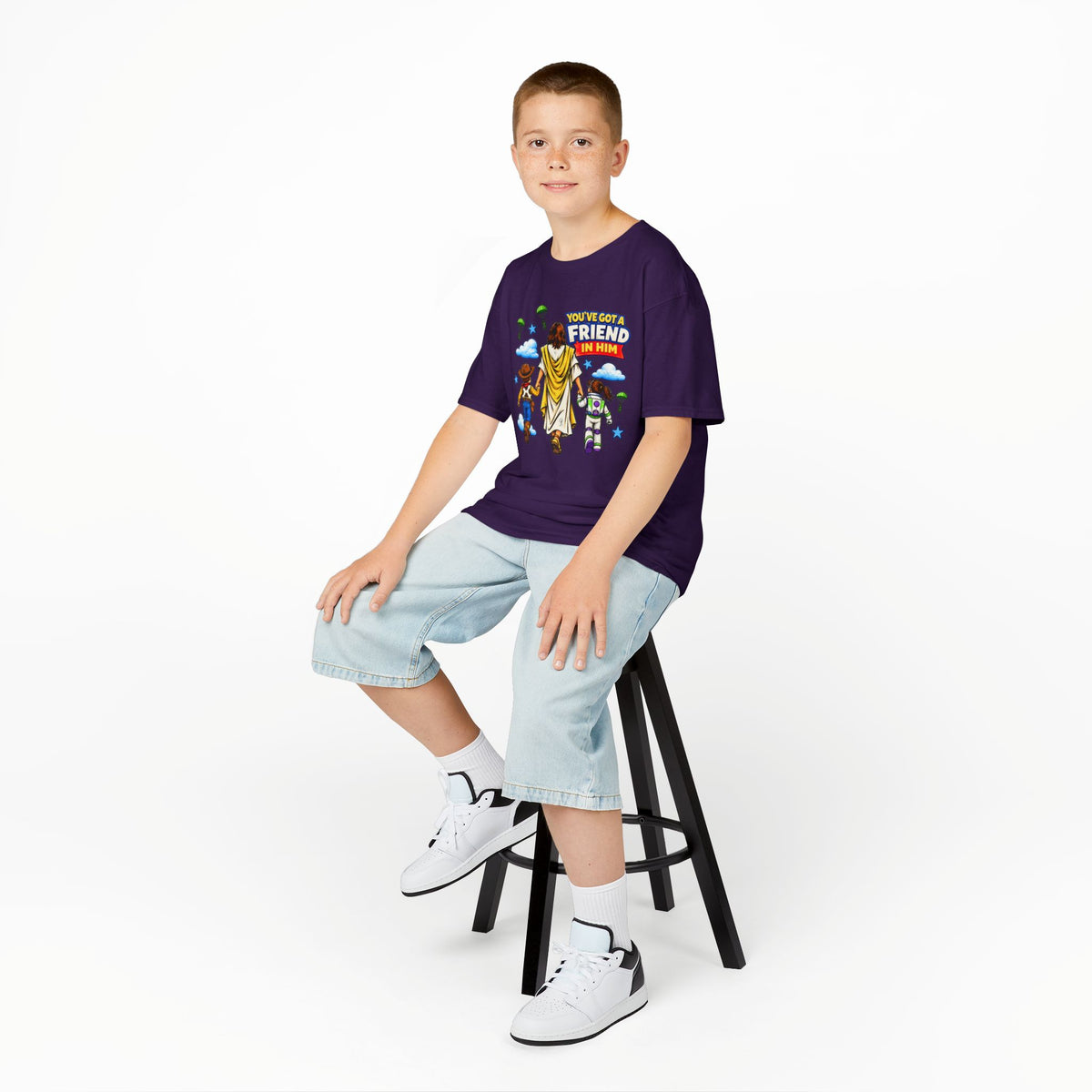 Kids Tee — "You've Gotta Friend in Him" Inspirational Jesus & Toy Friends Graphic