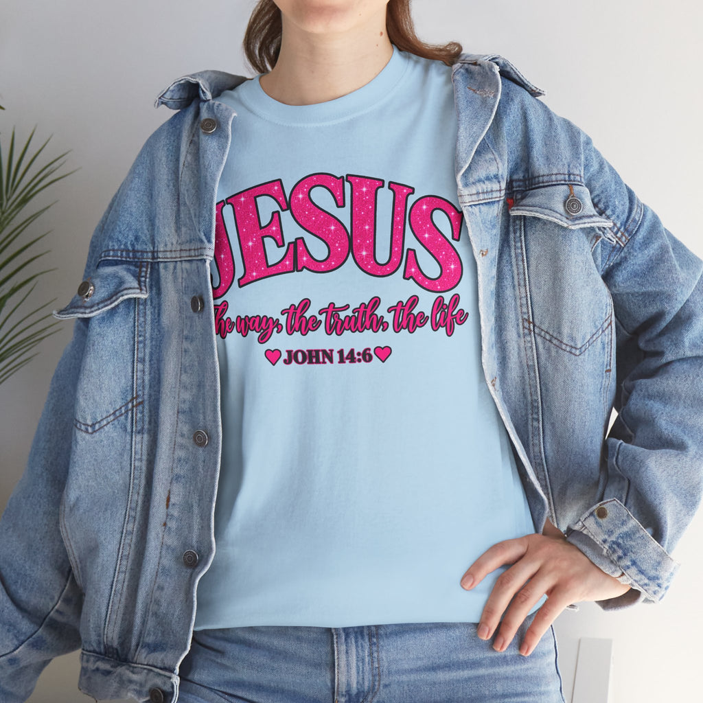 Christian T-Shirt — "JESUS The way, the truth, the life" (John 14:6) Pink Vintage Script