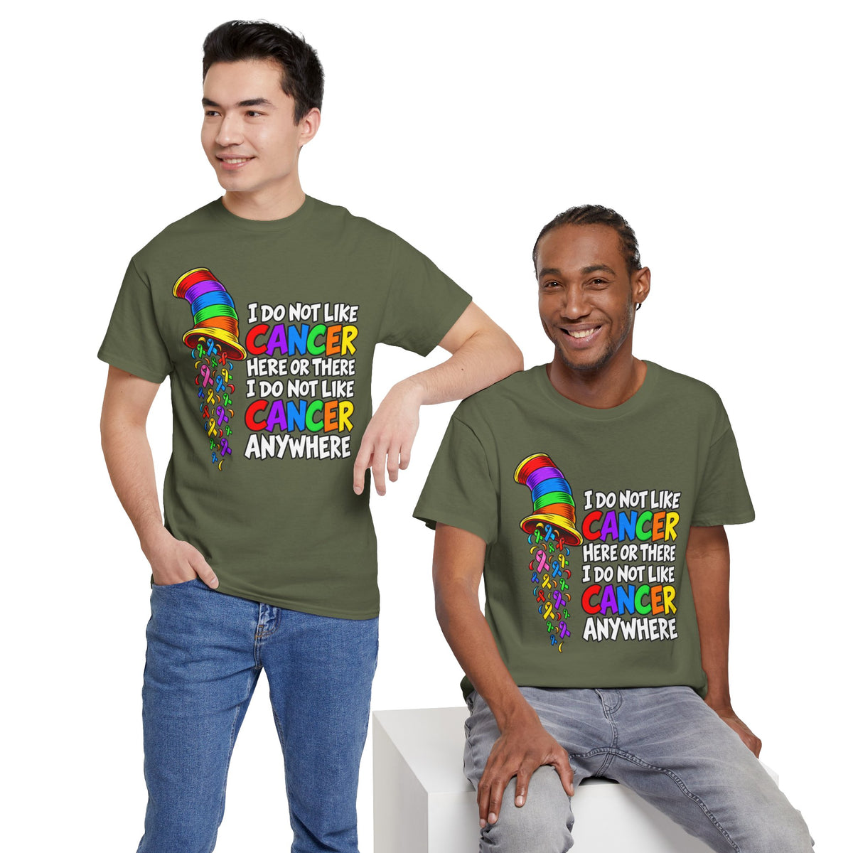Cancer Awareness T-Shirt — “I Do Not Like Cancer Here or There” Rainbow Ribbon Tee