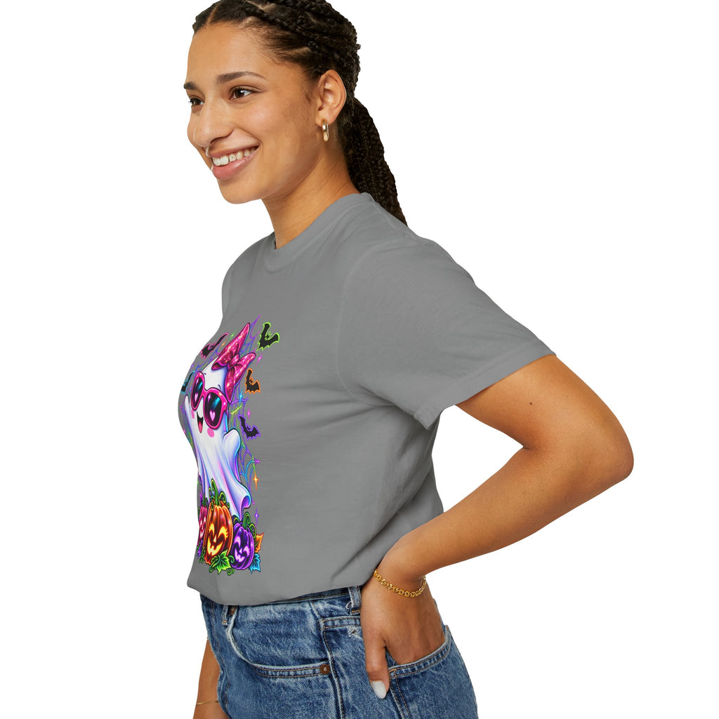 Cute Halloween Ghost T-Shirt — Pink Bow Ghost with Sunglasses & Pumpkins