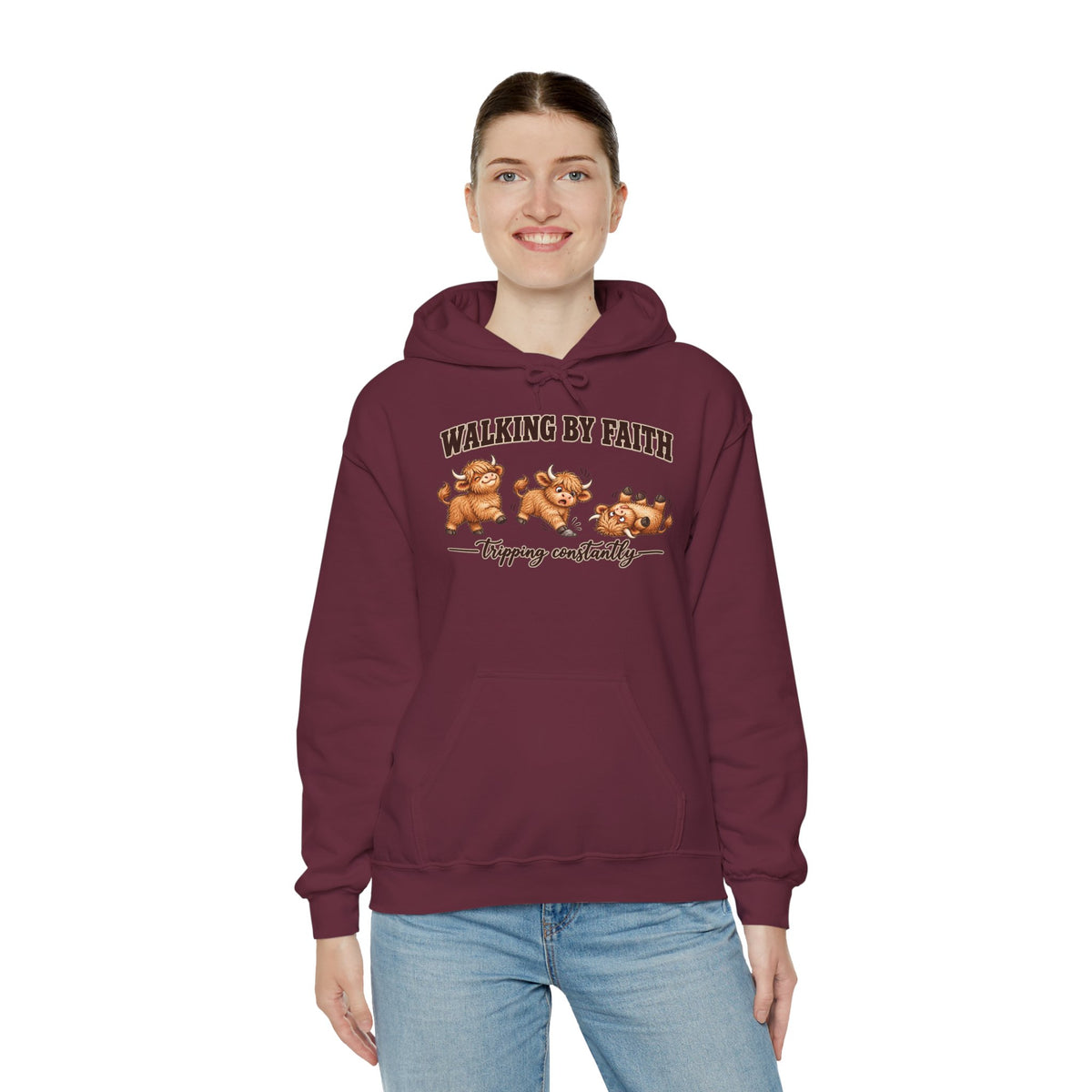 Walking by Faith Christian Highland Cow Hoodie