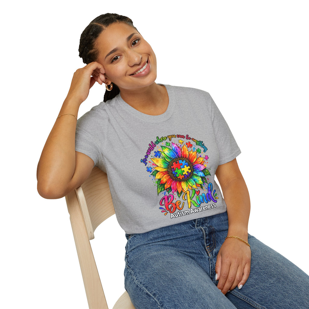 Autism Awareness Sunflower T-Shirt — 'Be Kind' Rainbow Puzzle Design