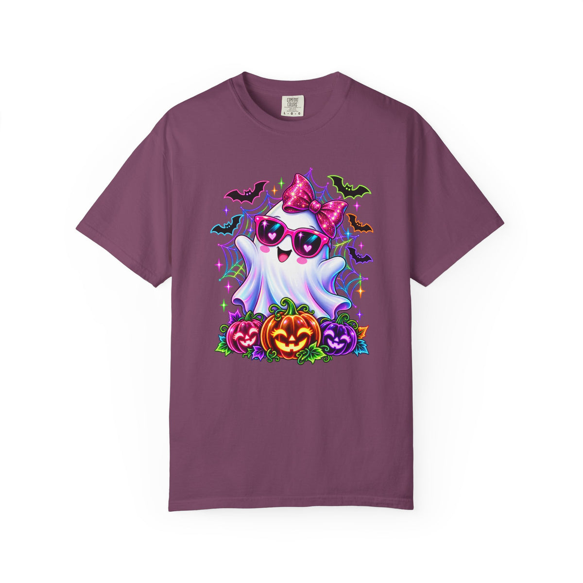 Cute Halloween Ghost T-Shirt — Pink Bow Ghost with Sunglasses & Pumpkins
