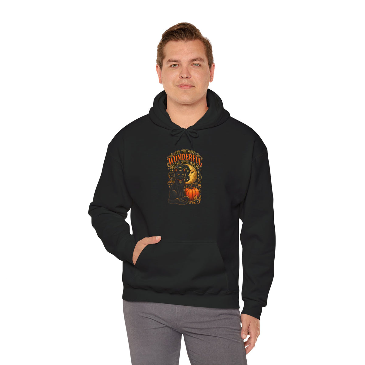 Halloween Black Cat Moon Hoodie – Vintage Pumpkin & Crescent Moon Fall Sweatshirt