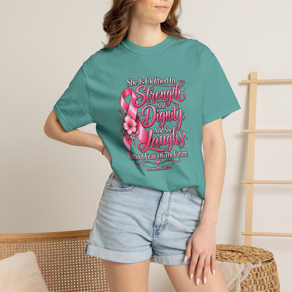 Breast Cancer Awareness T-Shirt — "She is Clothed in Strength" Pink Ribbon Tee