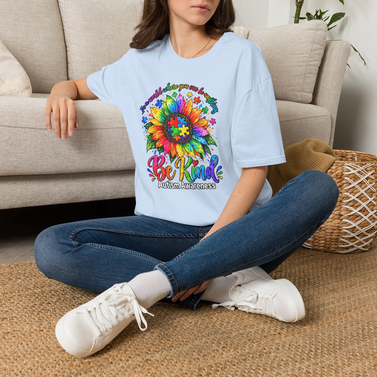 Autism Awareness Sunflower T-Shirt — 'Be Kind' Rainbow Puzzle Design