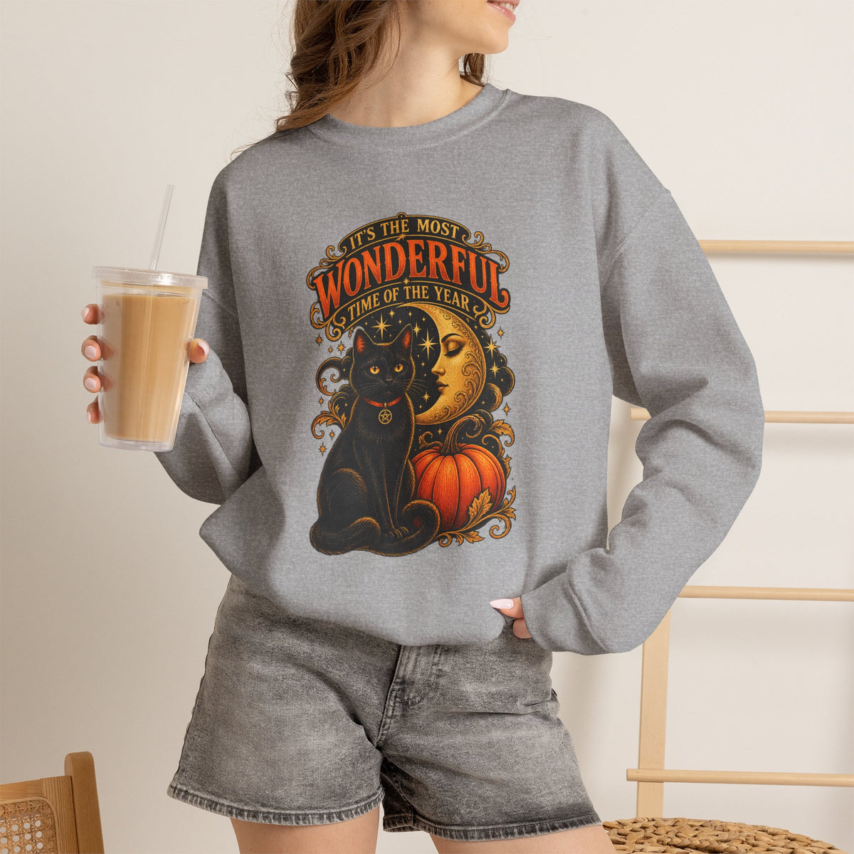 Vintage Halloween Sweatshirt - "It's the Most Wonderful Time of the Year" Black Cat & Moon Design