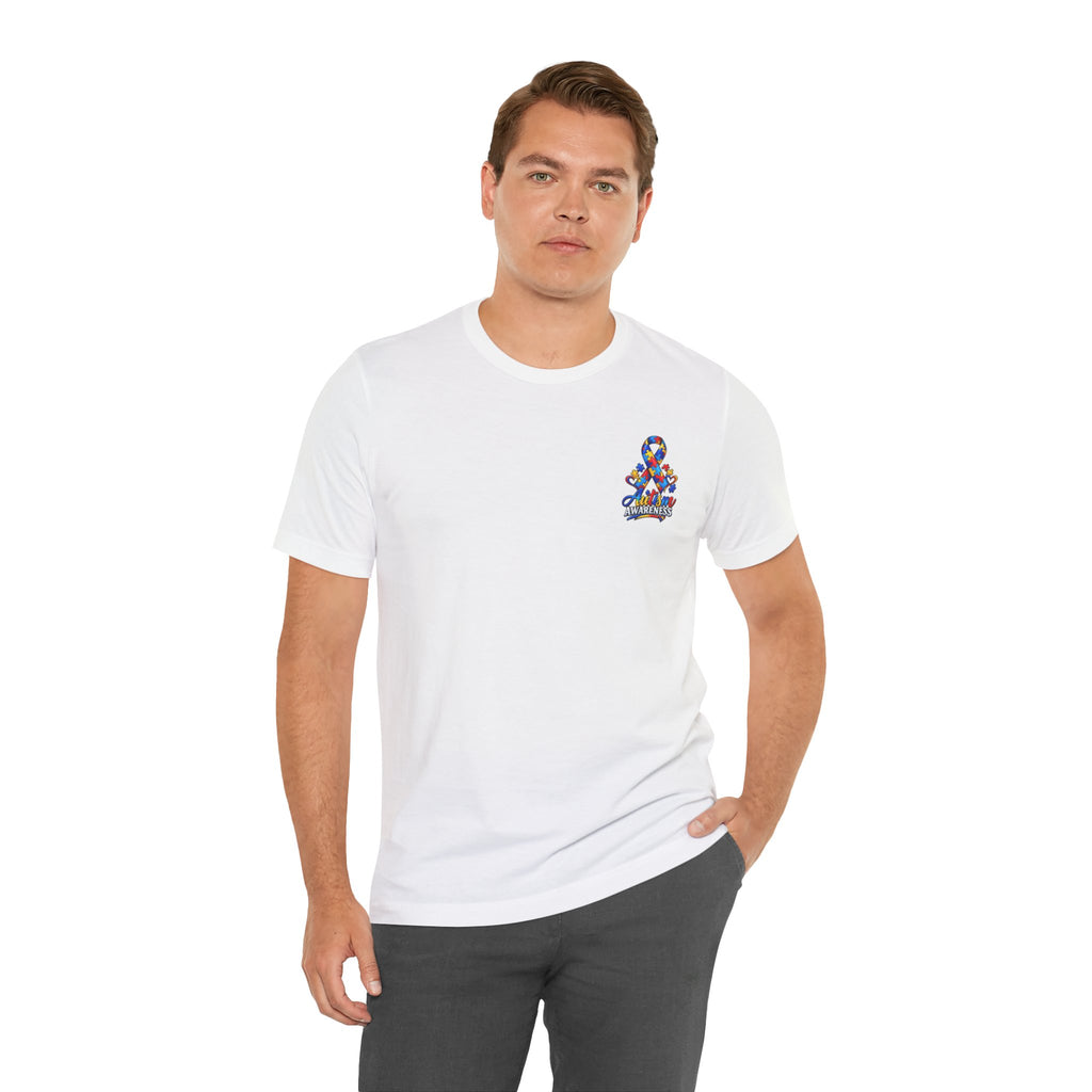 Autism Awareness Ribbon Chest Tee — 'Different, Not Less' Short Sleeve T-Shirt