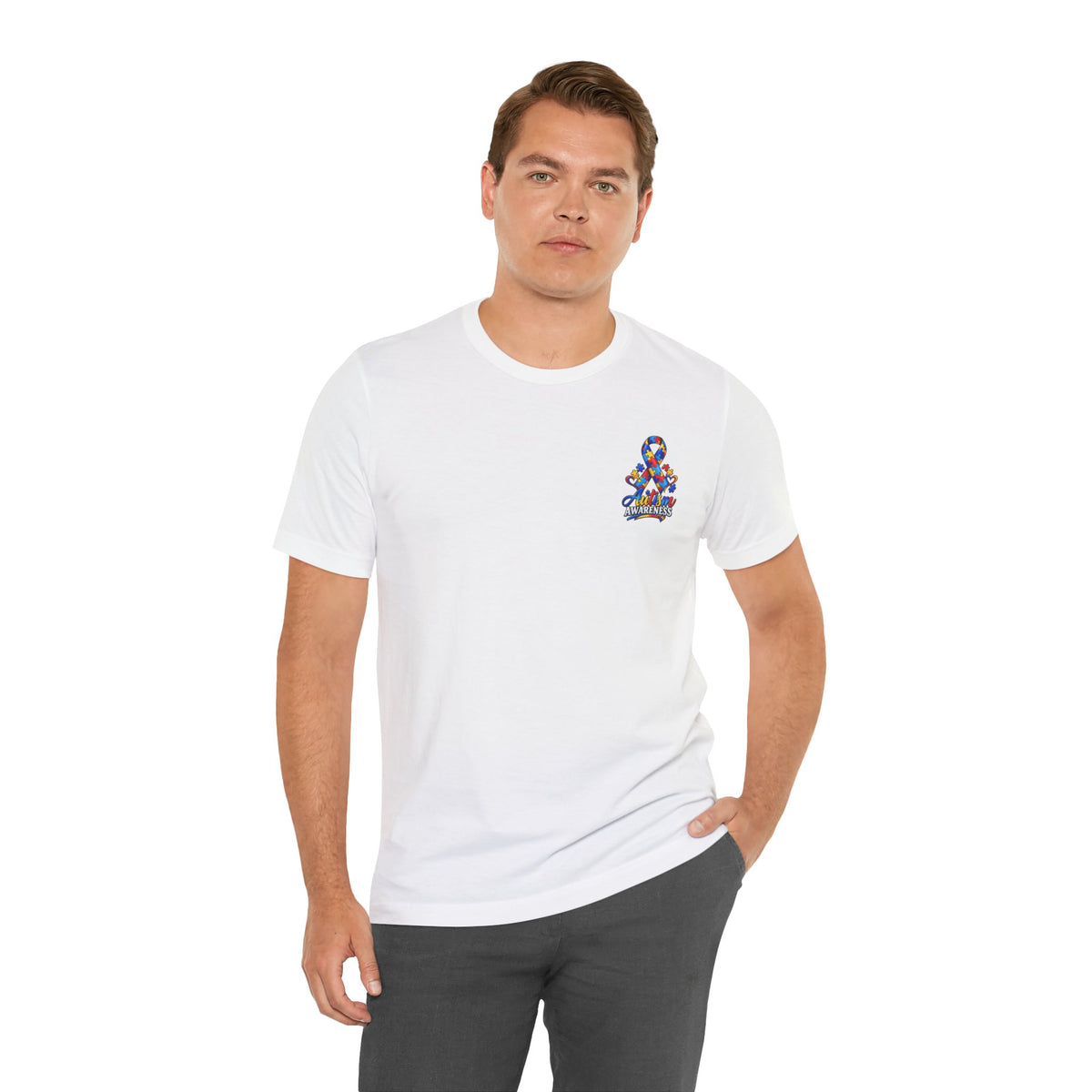 Autism Awareness Ribbon Chest Tee — 'Different, Not Less' Short Sleeve T-Shirt