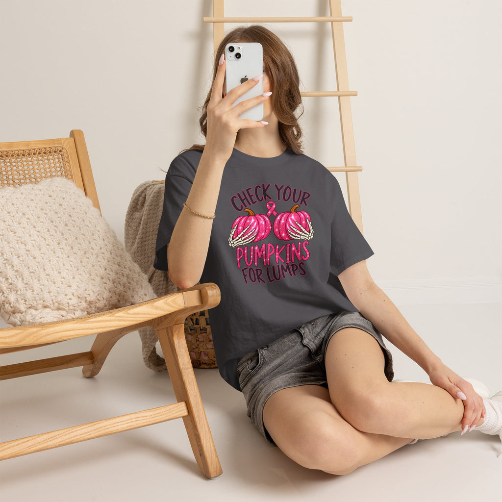 Breast Cancer Awareness T-Shirt — "Check Your Pumpkins for Lumps" Pink Ribbon Tee