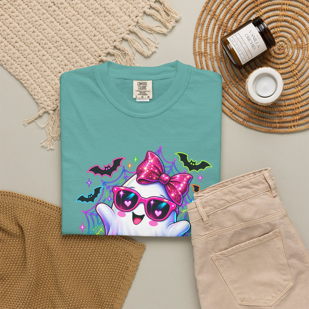 Cute Halloween Ghost T-Shirt — Pink Bow Ghost with Sunglasses & Pumpkins