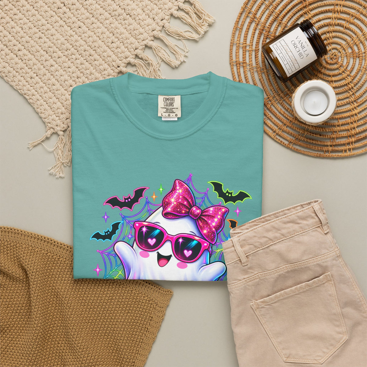 Cute Halloween Ghost T-Shirt — Pink Bow Ghost with Sunglasses & Pumpkins