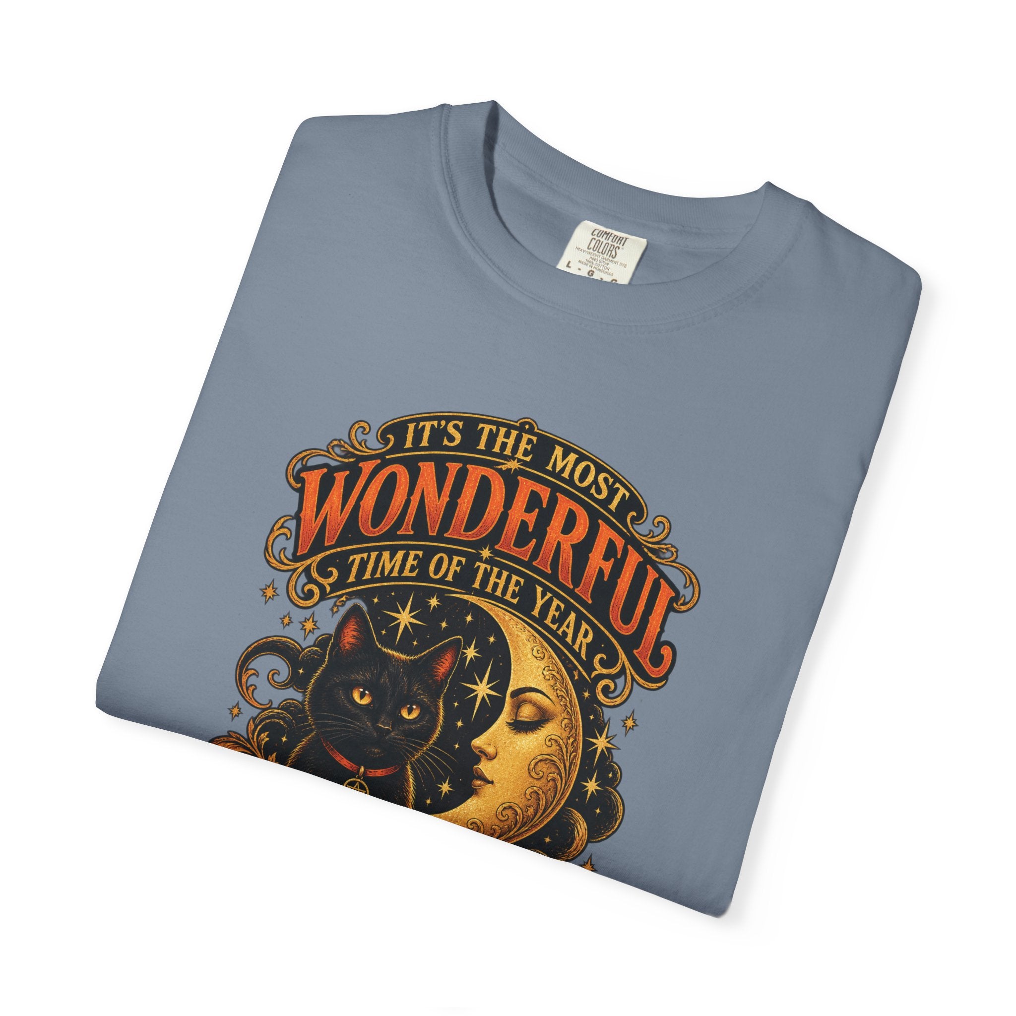 T-Shirt — "It's the Most Wonderful Time of the Year" Halloween Black Cat & Pumpkin