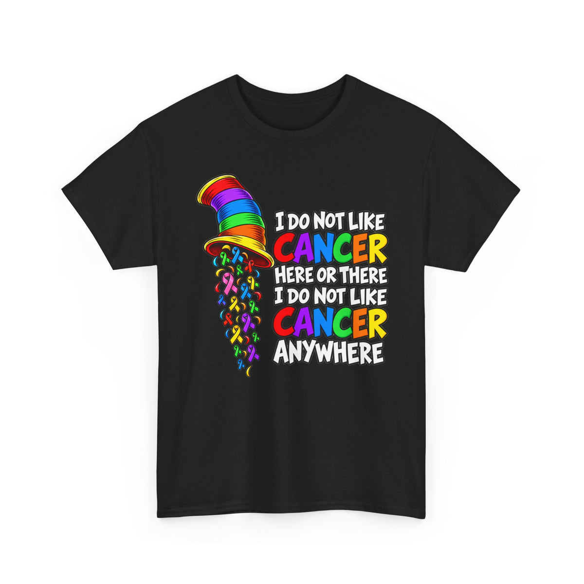 Cancer Awareness T-Shirt — “I Do Not Like Cancer Here or There” Rainbow Ribbon Tee