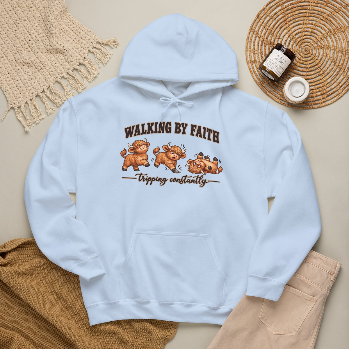 Walking by Faith Christian Highland Cow Hoodie