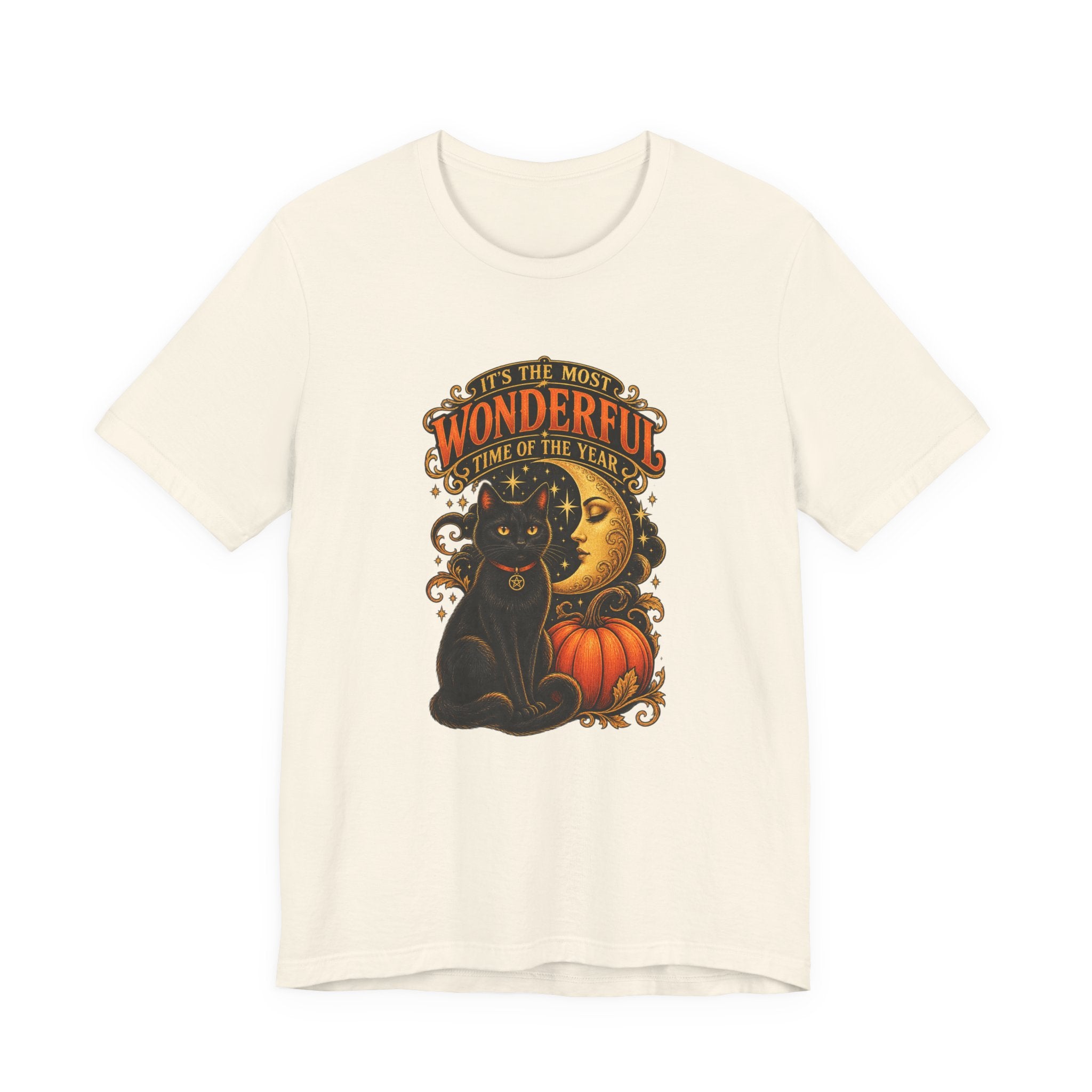 Halloween Cat Tee — "It's the Most Wonderful Time of the Year" Pumpkin & Moon Shirt