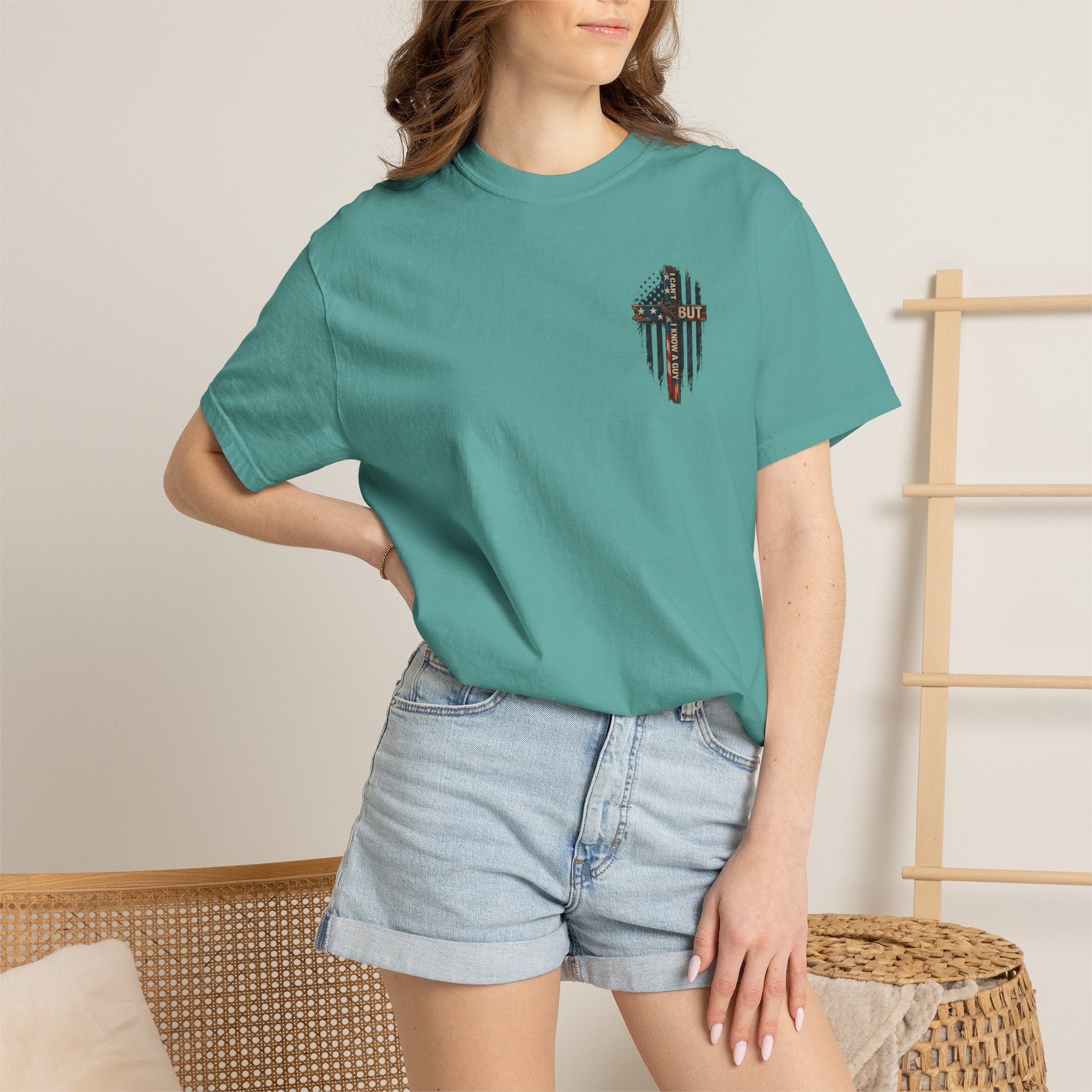 T-Shirt — 'I Can't But I Know A Guy' American Flag Cross Graphic