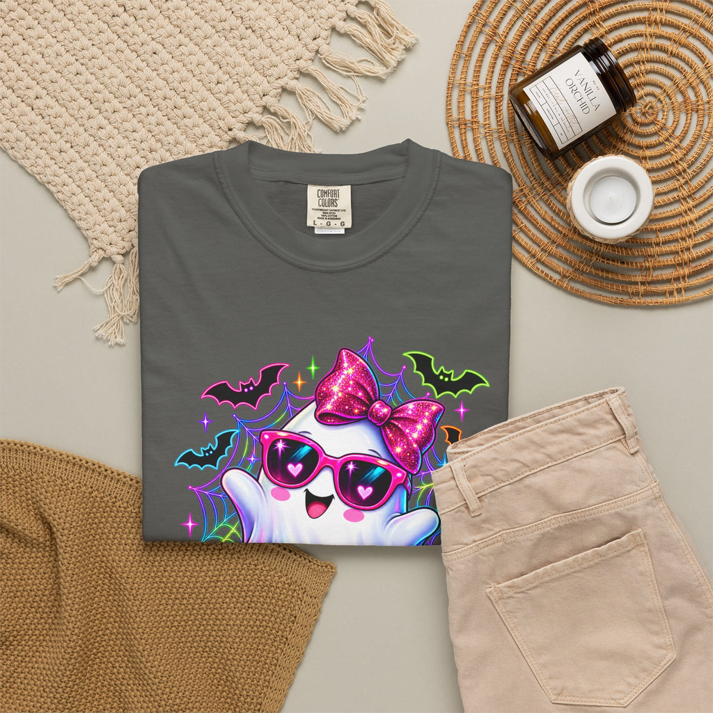 Cute Halloween Ghost T-Shirt — Pink Bow Ghost with Sunglasses & Pumpkins