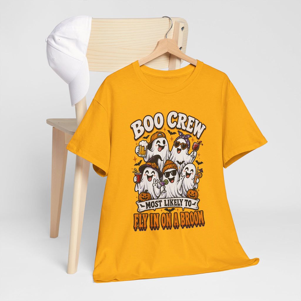 Boo Crew T-Shirt — “Most Likely to Fly on a Broom” Halloween Ghost Tee