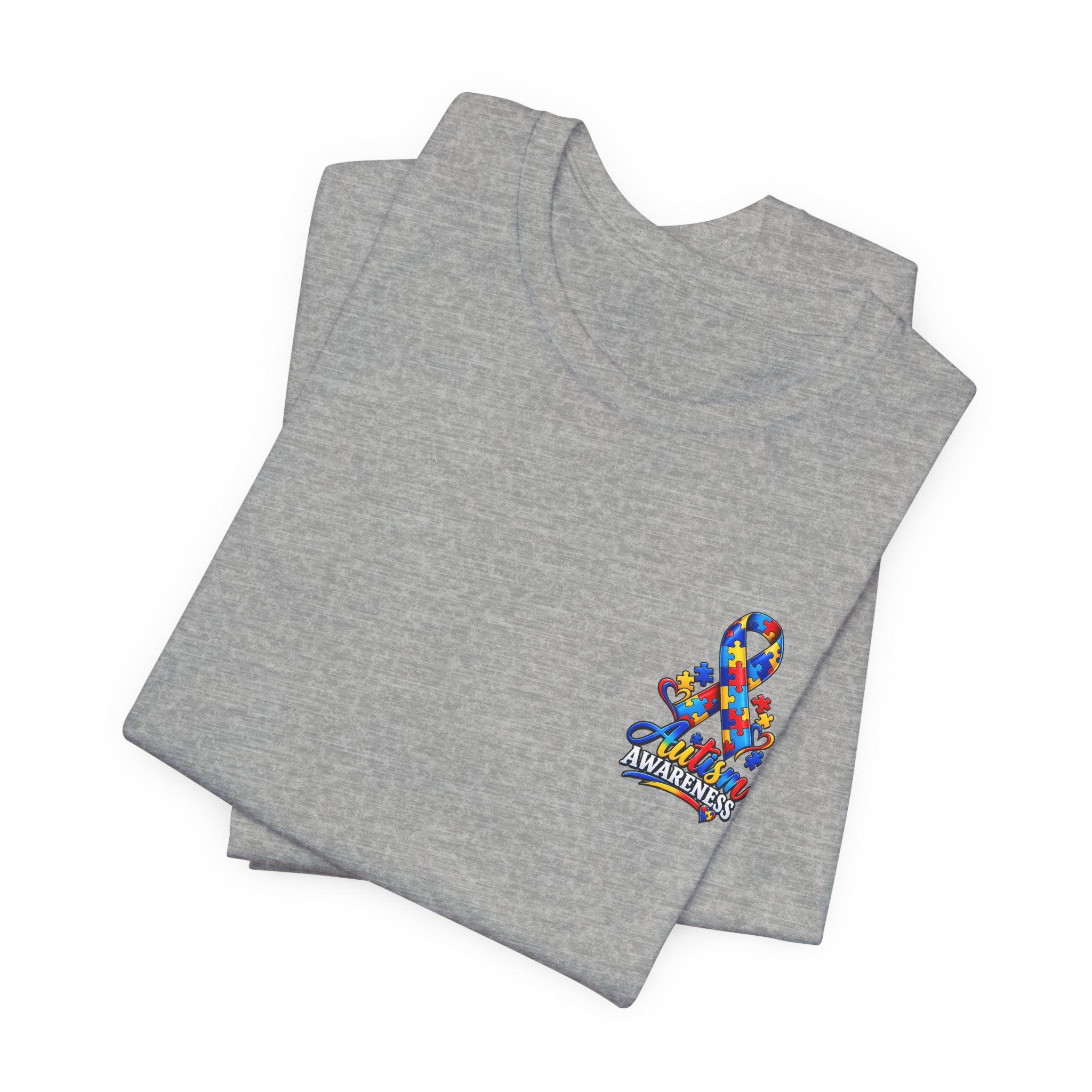 Autism Awareness Ribbon Chest Tee — 'Different, Not Less' Short Sleeve T-Shirt