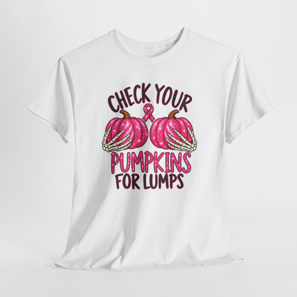 Breast Cancer Awareness T-Shirt — "Check Your Pumpkins for Lumps" Pink Ribbon Tee