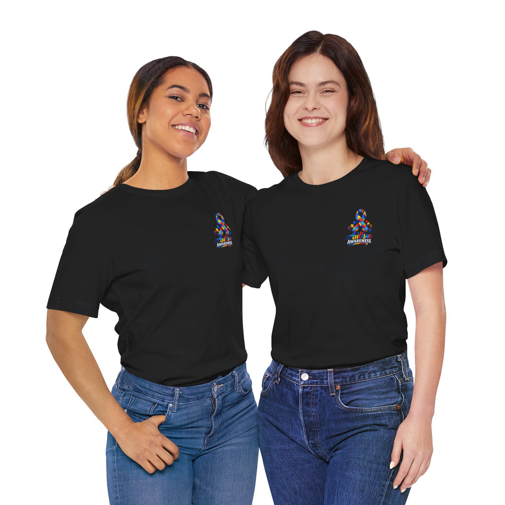 Autism Awareness Ribbon Chest Tee — 'Different, Not Less' Short Sleeve T-Shirt