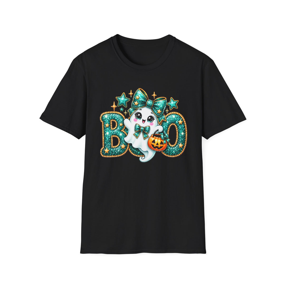 Boo Ghost Graphic T-Shirt — Cute Teal Glitter Halloween Tee