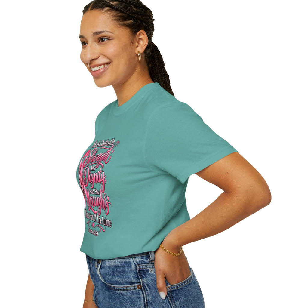 Breast Cancer Awareness T-Shirt — "She is Clothed in Strength" Pink Ribbon Tee