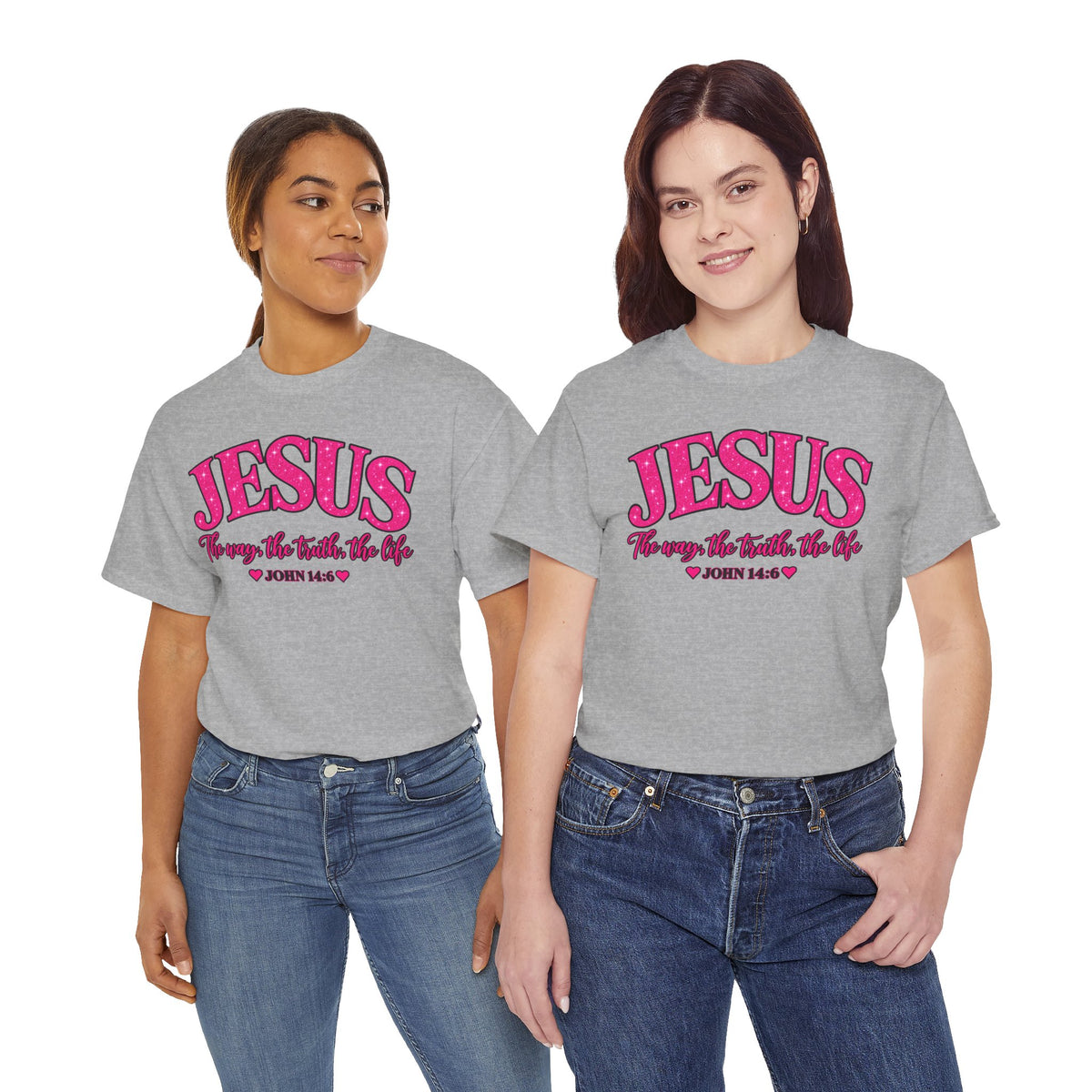 Christian T-Shirt — "JESUS The way, the truth, the life" (John 14:6) Pink Vintage Script