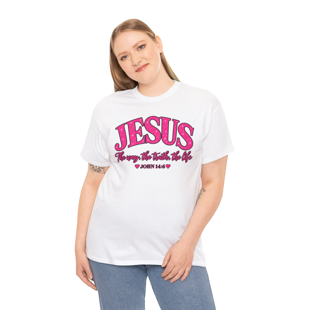 Christian T-Shirt — "JESUS The way, the truth, the life" (John 14:6) Pink Vintage Script