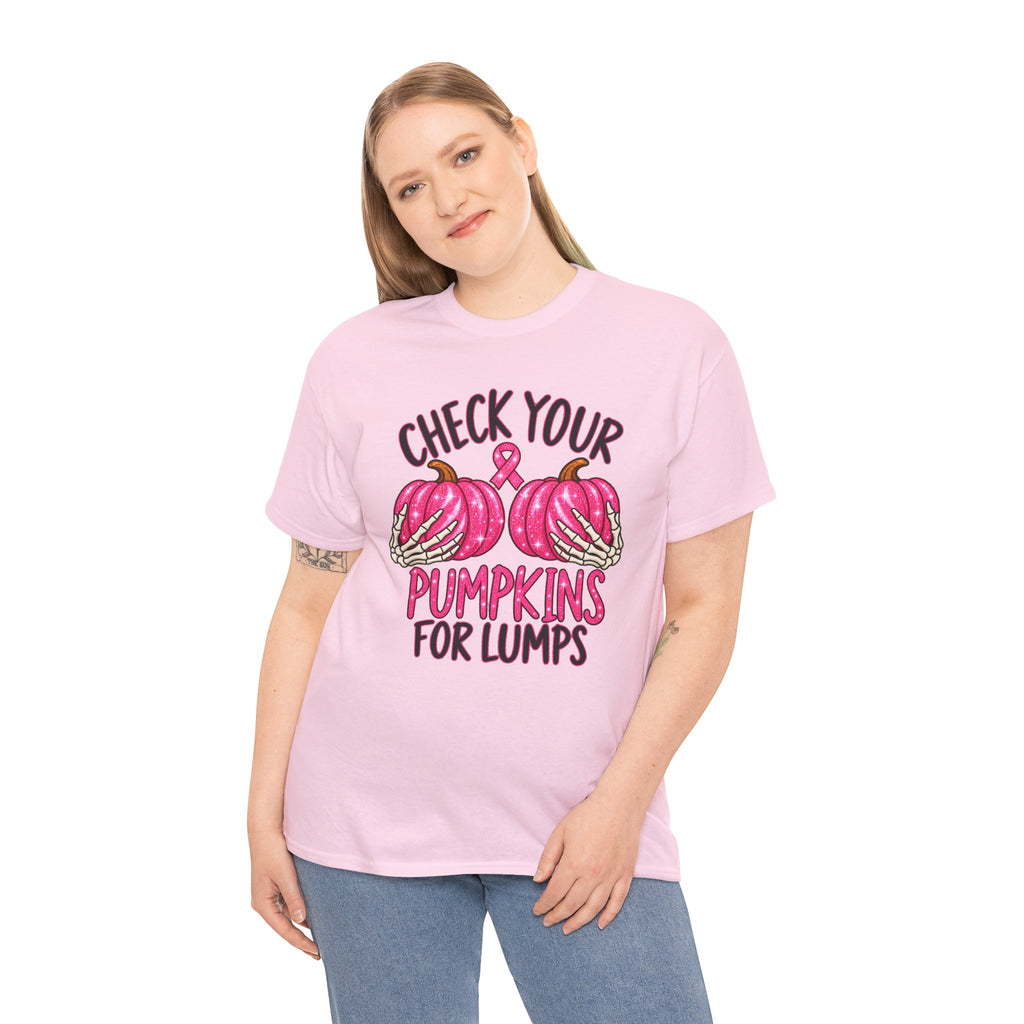 Breast Cancer Awareness T-Shirt — "Check Your Pumpkins for Lumps" Pink Ribbon Tee