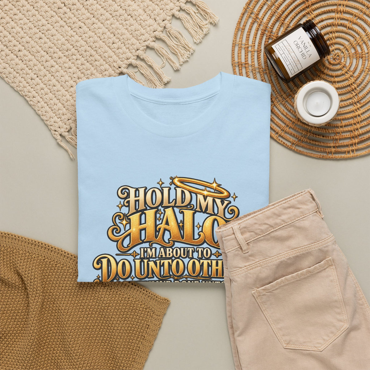 T-Shirt — "Hold My Halo I'm About To Do Unto Others" Vintage Faith Graphic Tee
