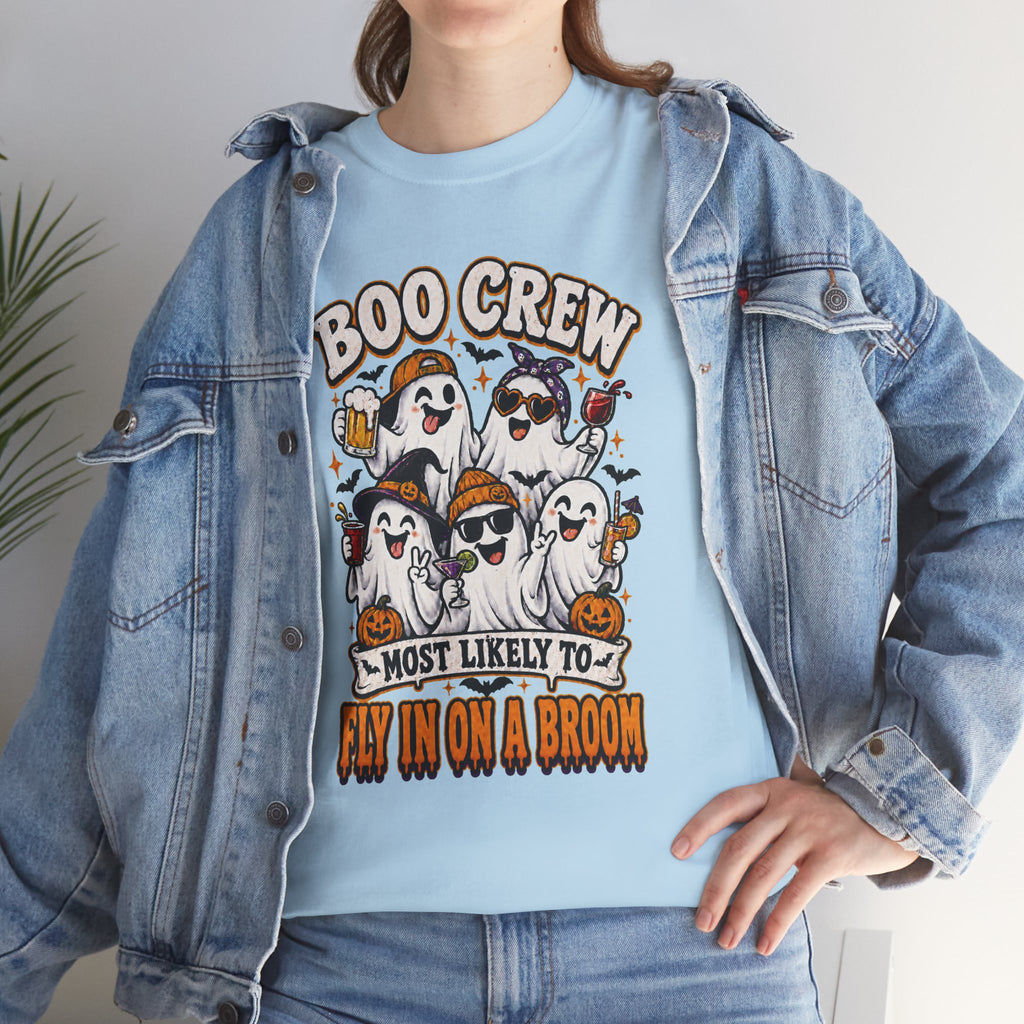 Boo Crew T-Shirt — “Most Likely to Fly on a Broom” Halloween Ghost Tee