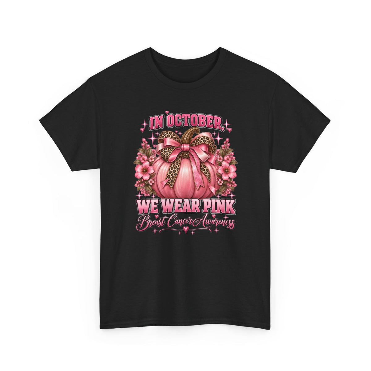 Breast Cancer Awareness T-Shirt — "In October We Wear Pink" Pumpkin Design