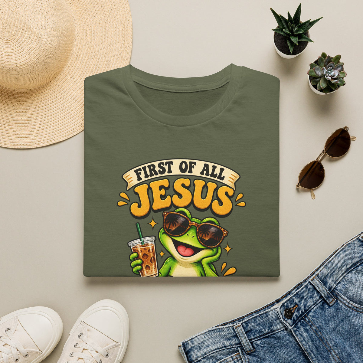 Jesus Frog T-Shirt — "First of All Jesus" Cute Frog Christian Tee