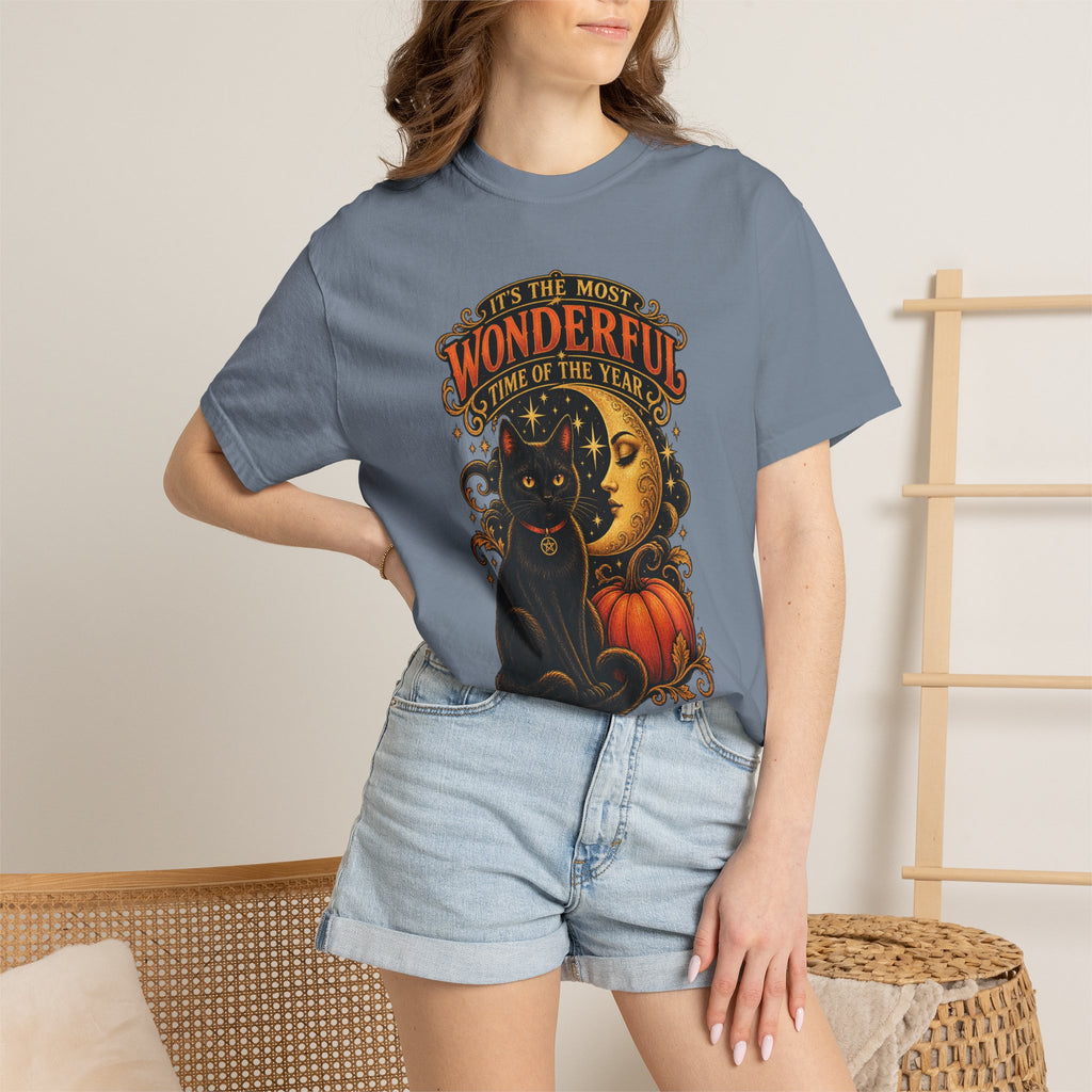 T-Shirt — "It's the Most Wonderful Time of the Year" Halloween Black Cat & Pumpkin