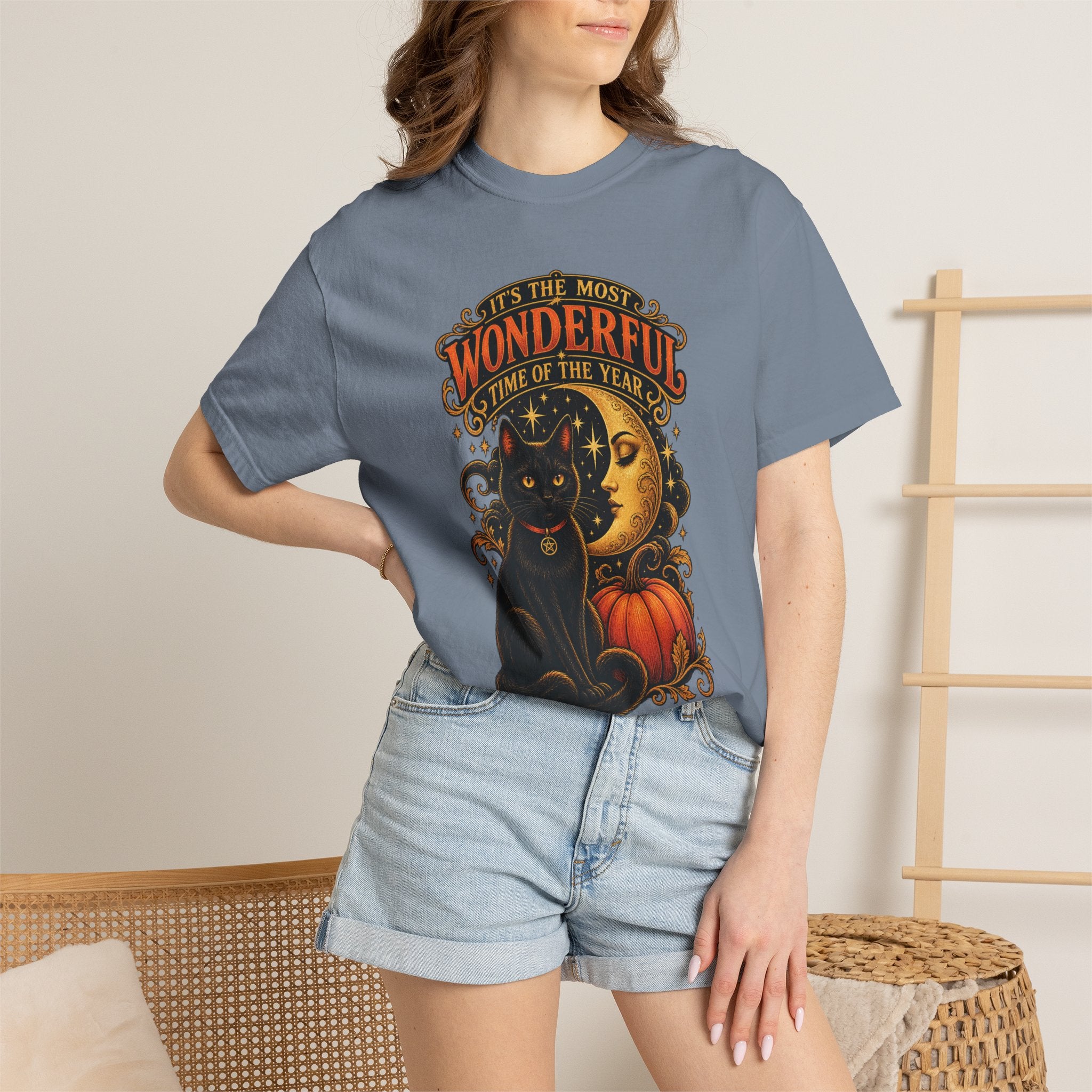 T-Shirt — "It's the Most Wonderful Time of the Year" Halloween Black Cat & Pumpkin