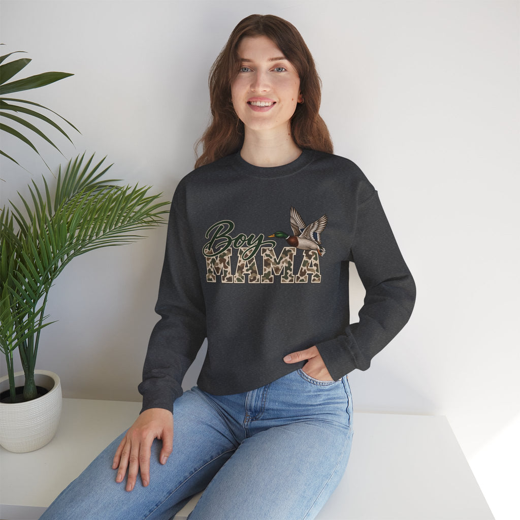 Boy Mama Crewneck Sweatshirt — Camo Lettering with Flying Duck