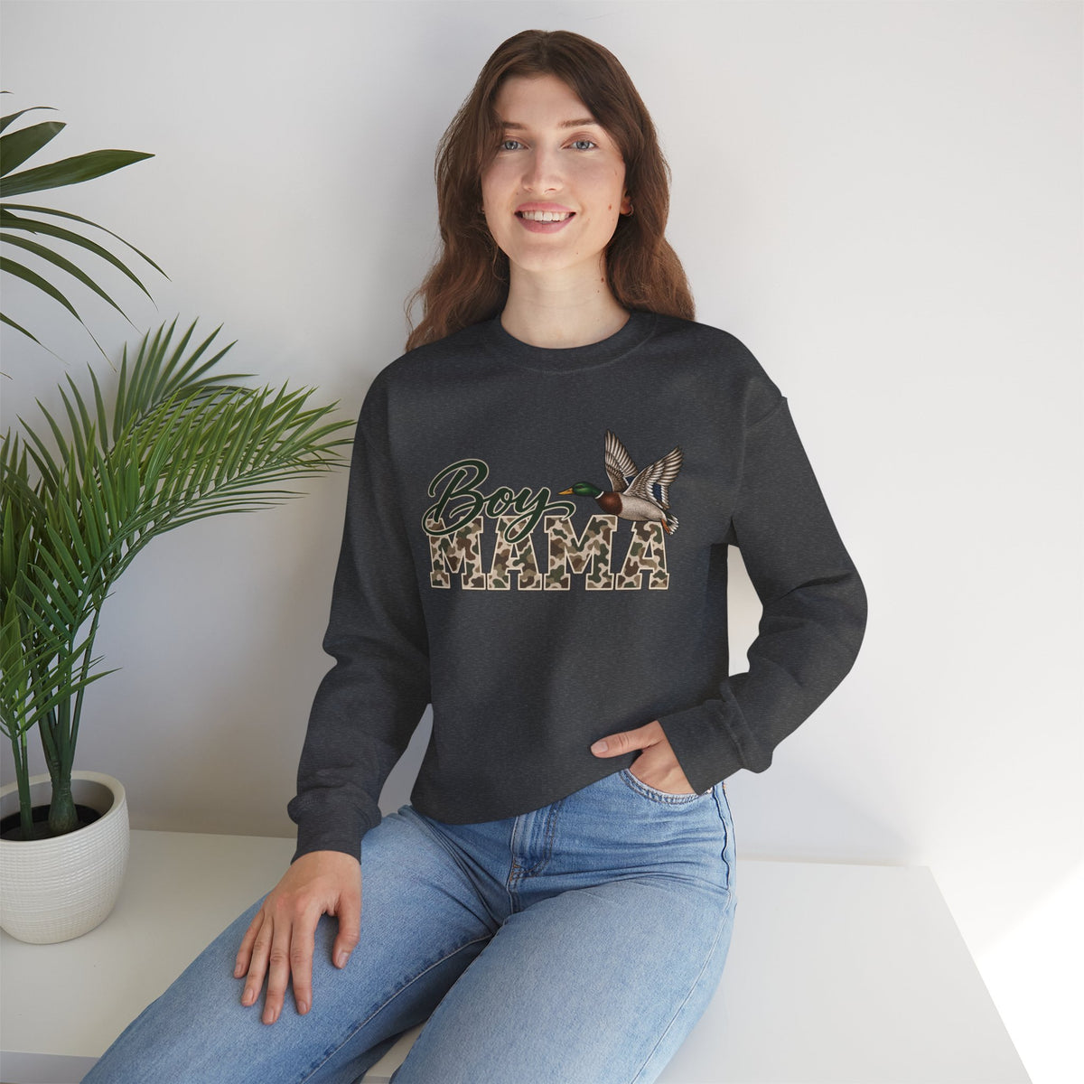 Boy Mama Crewneck Sweatshirt — Camo Lettering with Flying Duck