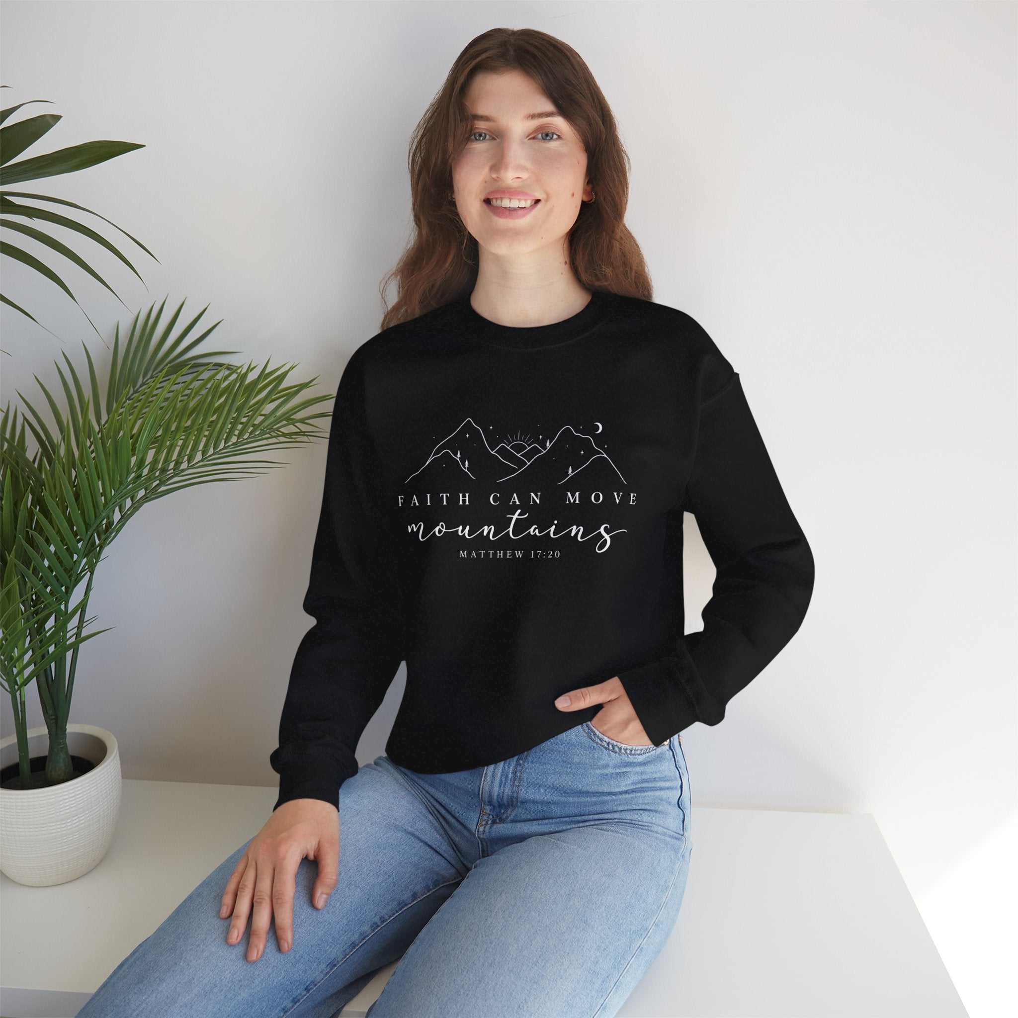 Faith Can Move Mountains Crewneck Sweatshirt — Matthew 17:20 Christian Mountain Design