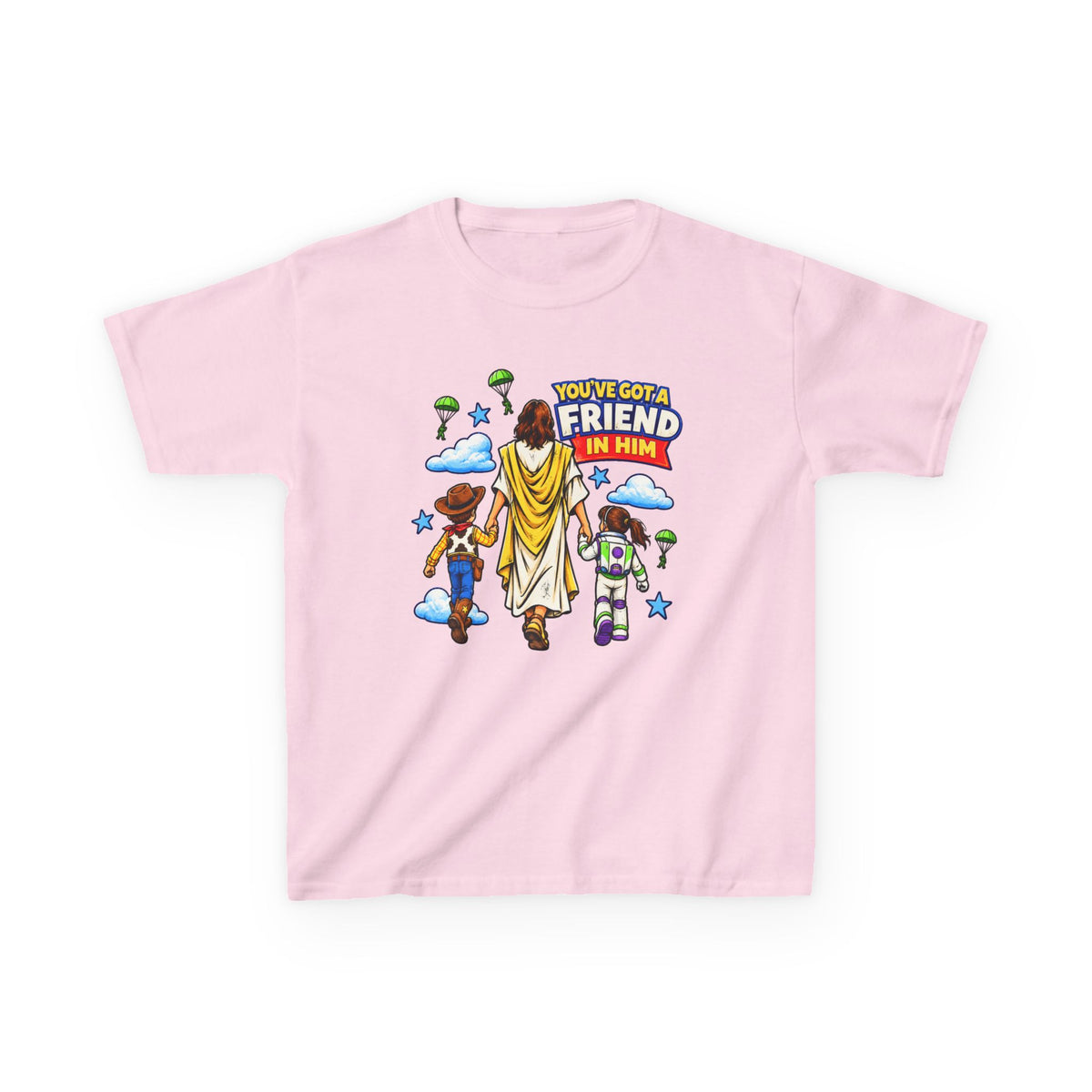 Kids Tee — "You've Gotta Friend in Him" Inspirational Jesus & Toy Friends Graphic