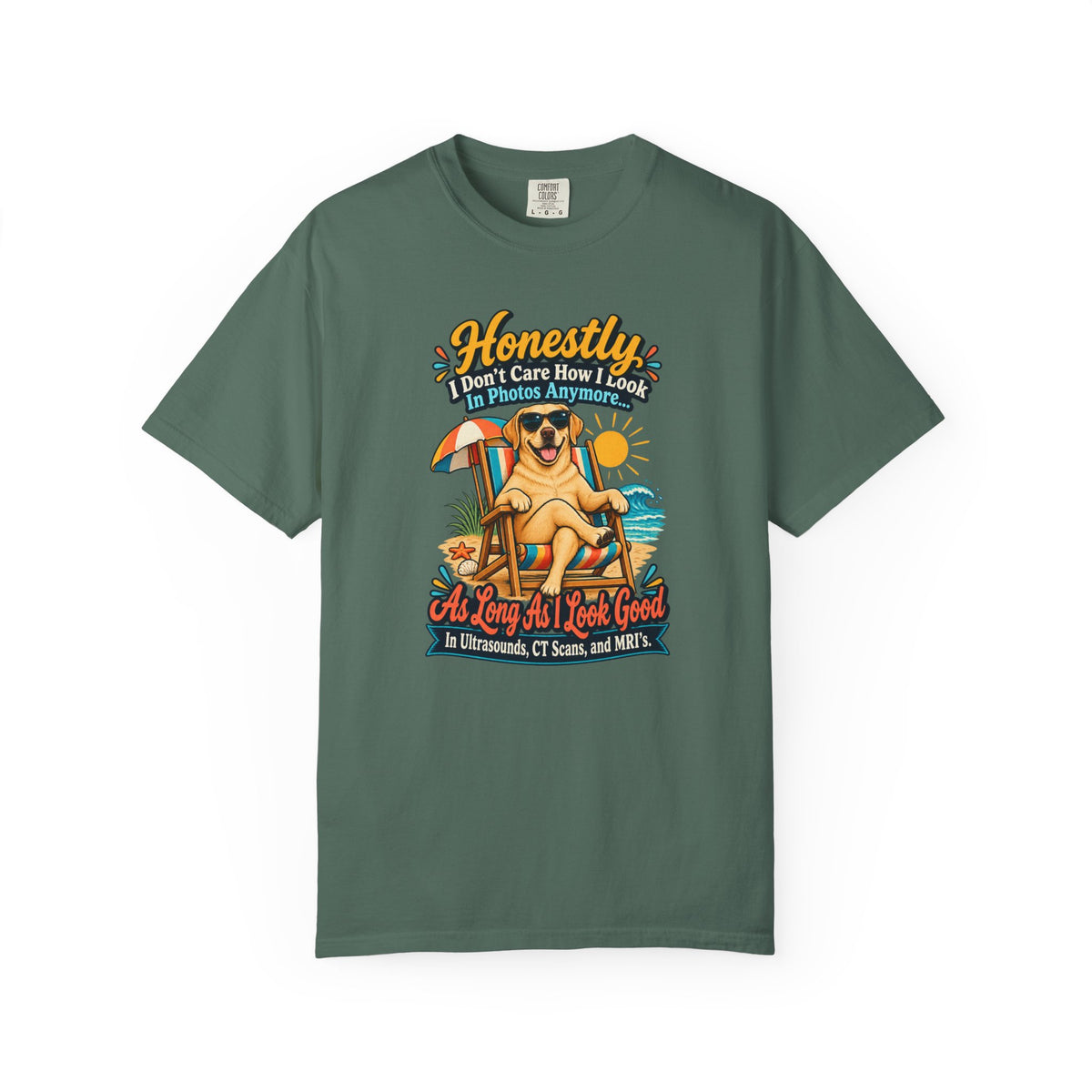 Honestly I Don’t Care How I Look In Photos Anymore T-Shirt — Funny Beach Dog Graphic Tee