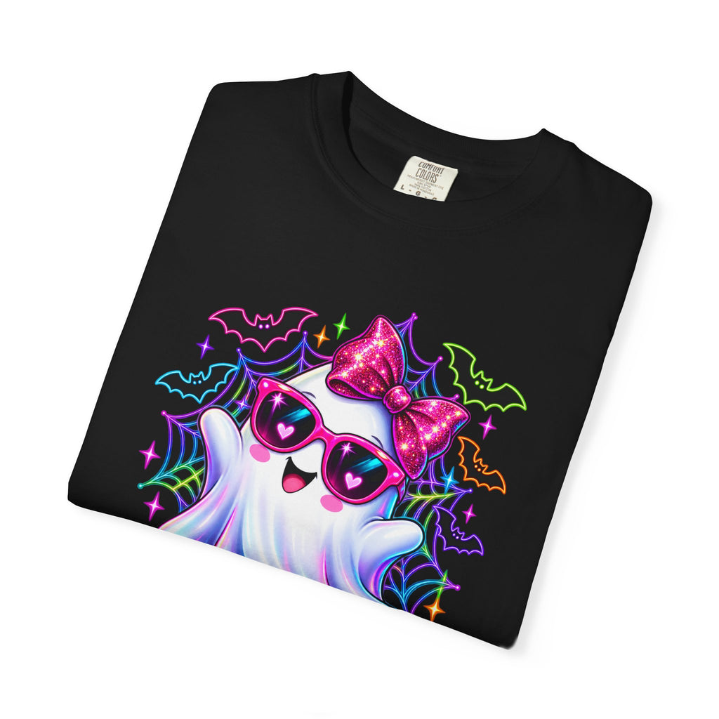 Cute Halloween Ghost T-Shirt — Pink Bow Ghost with Sunglasses & Pumpkins