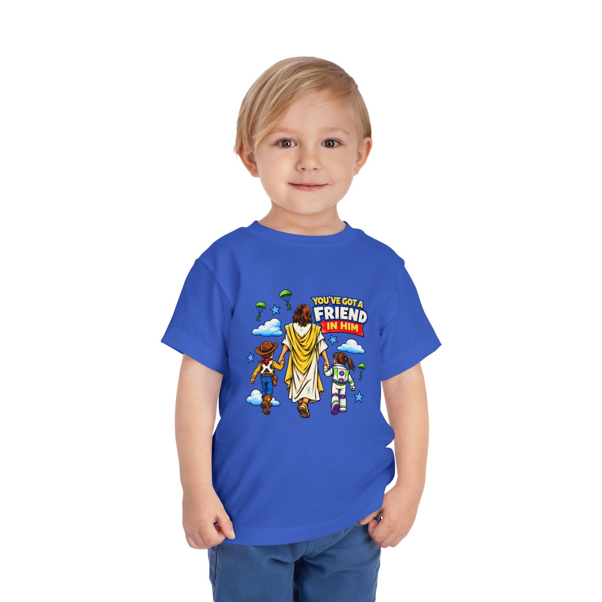 Toddler Tee — "You’ve Got a Friend in Him" Cartoon Faith & Toy Heroes Shirt