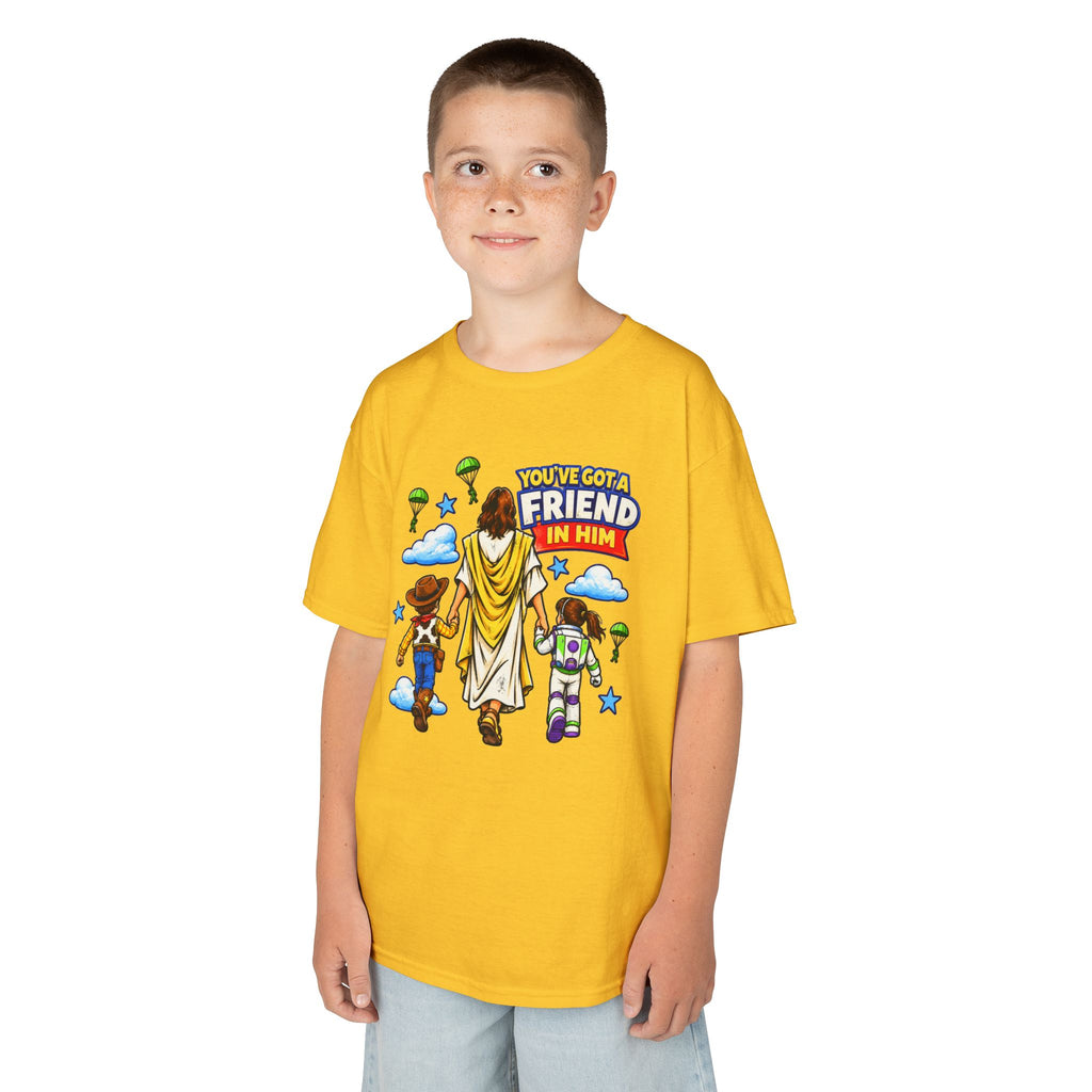 Kids Tee — "You've Gotta Friend in Him" Inspirational Jesus & Toy Friends Graphic