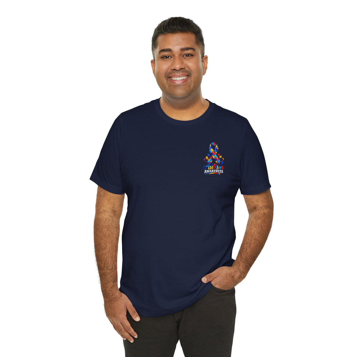 Autism Awareness Ribbon Chest Tee — 'Different, Not Less' Short Sleeve T-Shirt